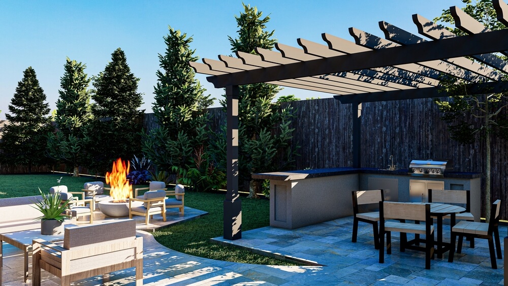 3d Render Of A Long Backyard With Pool Fire Pit Gazebo And Outdoor Kitchen