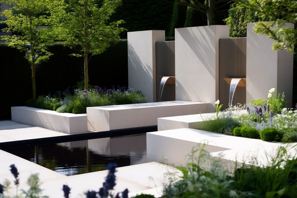 Avant-garde garden design with geometry, lush vegetation and stylized water fountain.